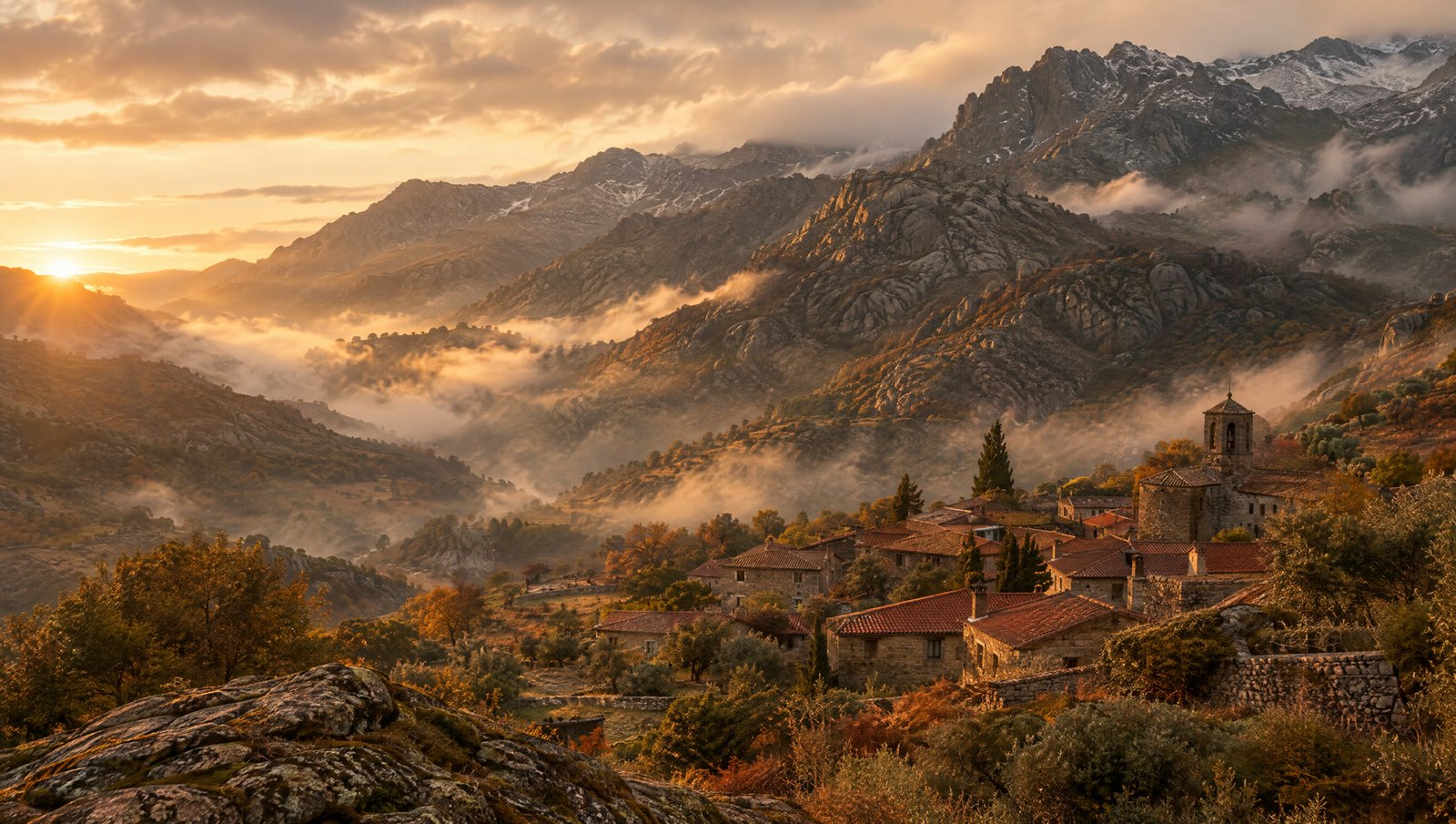 Misty granite slopes of the Sierra de Gredos at dawn