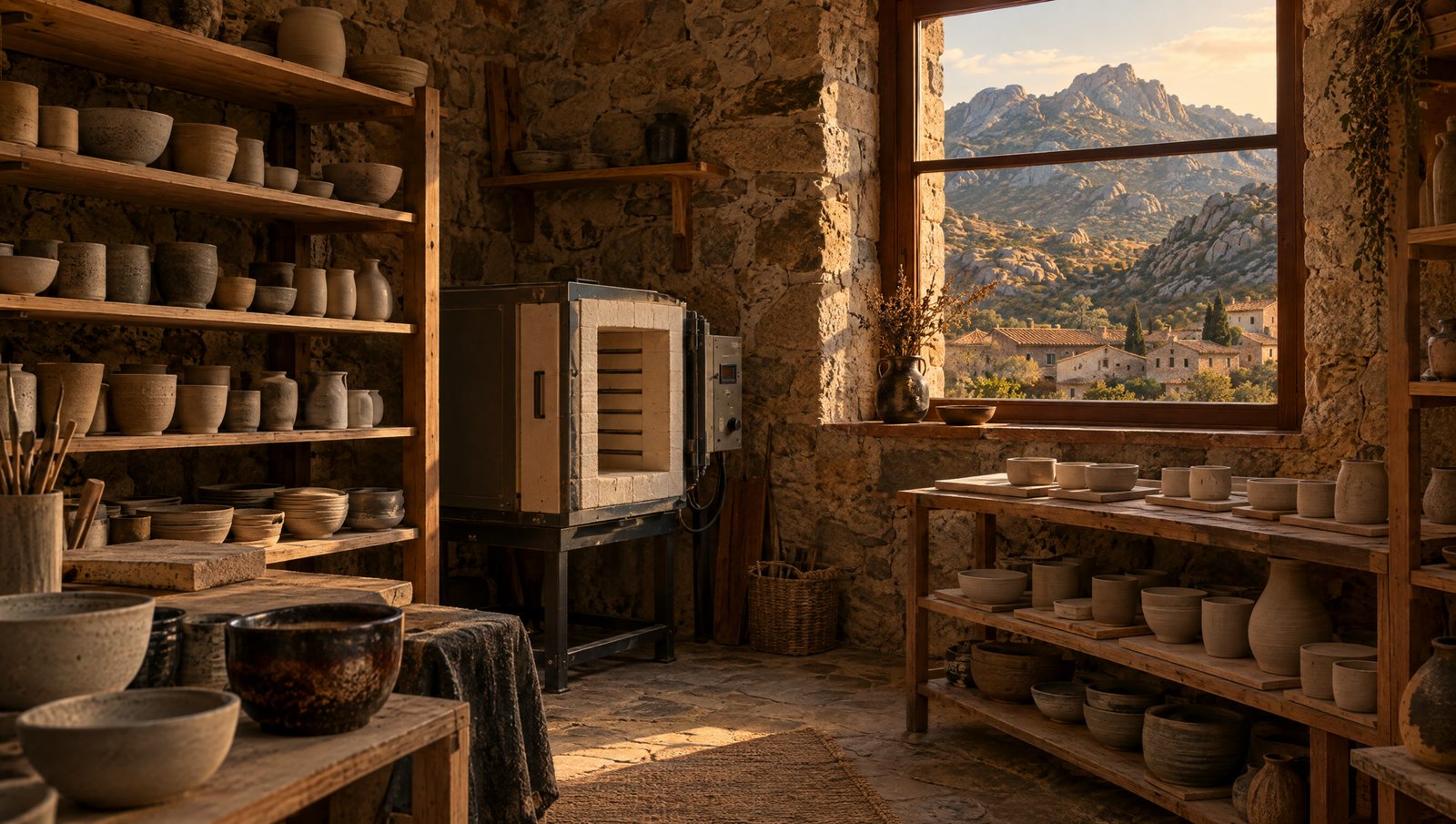 A small stone-walled ceramics studio with a kiln and drying pots in warm light